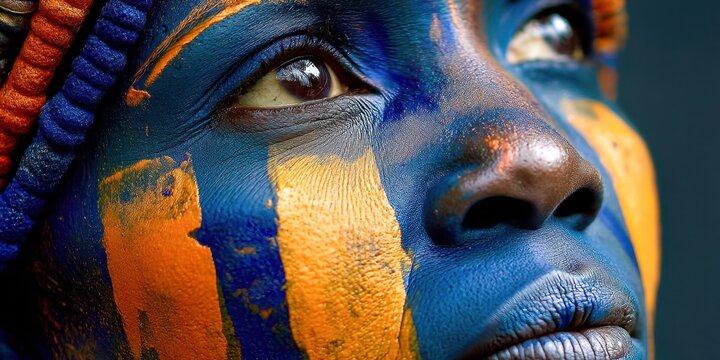 A woman's face is shown in a blue and yellow background