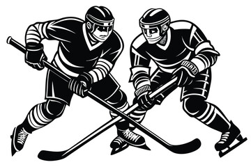 Ice hockey players, action pose, intense competition, dynamic movement, black and white illustration