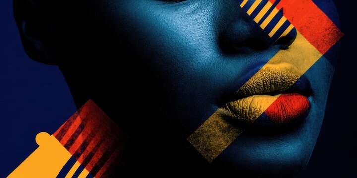 A woman's face is shown in a blue and yellow background - Powered by Adobe