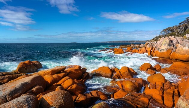 rocky coastline of bicheno tasmania waves crashing orange lichen covered boulders