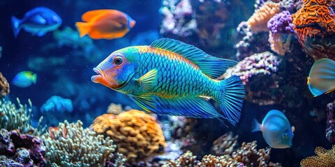 Obraz premium A bright blue and green parrotfish feeding on coral, surrounded by other reef fish