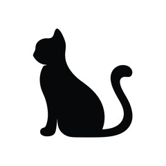 A silhouette of a cat sitting upright with its tail curled to the side on white background