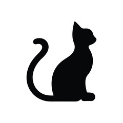 A silhouette of a cat sitting upright with its tail curled against a white background