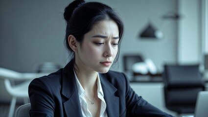 Concerned Asian Businesswoman in Office Setting