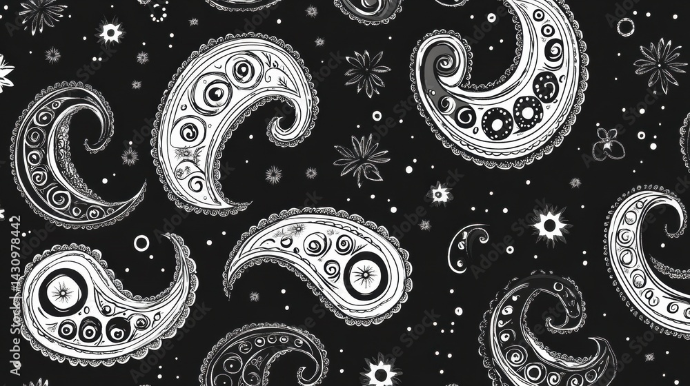 Poster black and white paisley pattern featuring intricate ornamental designs in a seamless layout ideal fo