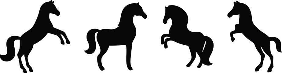 Four horse silhouettes in various poses isolated on a white background design