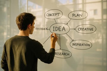 Man writing brainstorming structure on board with keyword idea in center surrounded by plan, concept, inspiration, and feedback. Concept of business, marketing, office.