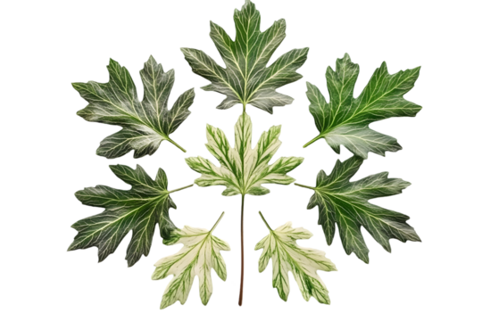 Symmetrical plant leaves arranged in a starburst pattern