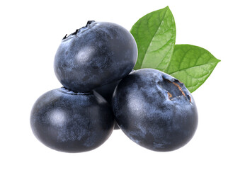 Close-up, Blueberry pile with leaves isolated, transparent PNG, PNG format, cut out. Blueberry macro studio photo