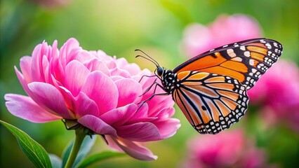 Fototapeta premium A female monarch butterfly Leptosia nupta perched on a pink peony flower , Summer Flower