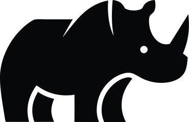 A stylized black silhouette of a rhinoceros with a prominent horn and small eye
