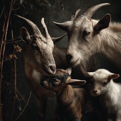 Fototapeta premium Playful goats and kids farmyard animal photography rustic setting close-up midjourney exploration