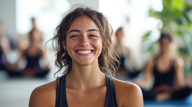 A smiling woman with curly hair stands confidently in a light