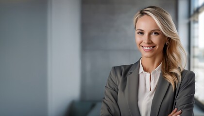 A confident businesswoman stands with arms crossed in a sleek office, smiling.