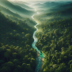 Aerial View of River in Lush Jungle