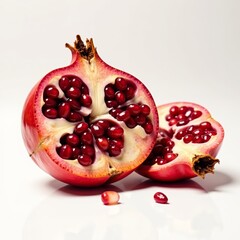 Pomegranate cut open to reveal juicy seeds against white background, ripe, close-up, food