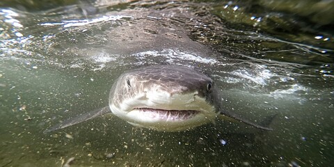 Fototapeta premium a bull sharkâ€™s head emerging from the murky depths, its eyes locked onto the camera