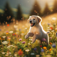 Golden Retriever Puppy in Flowers