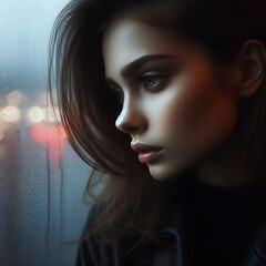 Woman Looking Out Rainy Window