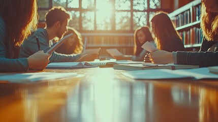 A diverse group of five young adults collaborates around a table in a bright, modern space filled with natural light.