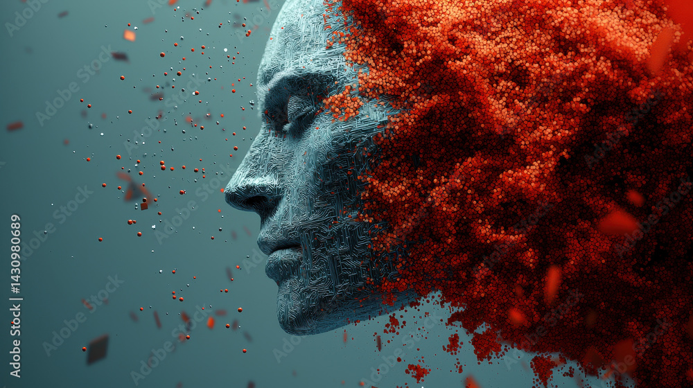 Poster fusion of human cognition and machine learning showcases a digital face with organic and robotic fea