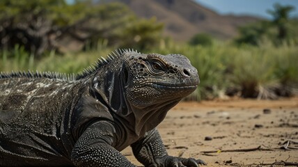 Iguana basking, arid landscape, sun, wildlife, nature photography