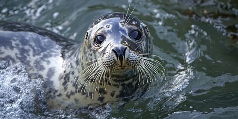 Naklejka premium A close-up of a harbor sealâ€™s adorable face, its whiskers wet from the waves