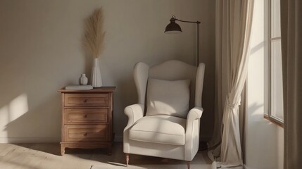 Sunlit corner with a wingback chair and decorative elements.