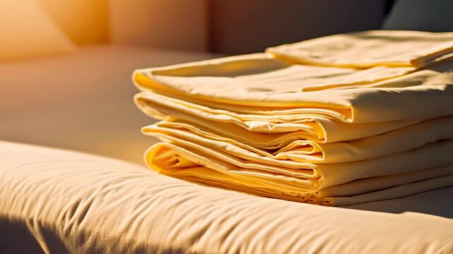 Soft Yellow Cotton Sheets Stacked Neatly on a Bed in Warm Sunlight Ready for use
