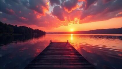 Obraz premium Wooden dock silhouette against vibrant sunset over lake, stunning, background, view