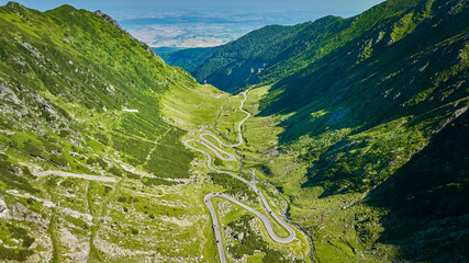 Aerial view of the Transfagarasan Highway, a mountain road crossing the southern section of the...