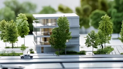 Architectural Model Of A Modern White Building With Green Trees And Clear Sky Background - Powered by Adobe