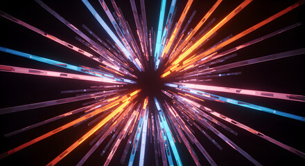 Fototapeta premium Glowing Rectangular Prism Emerging From A Central Point On Black Background