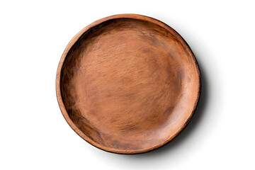 Round brown clay plate isolated on white background, top view