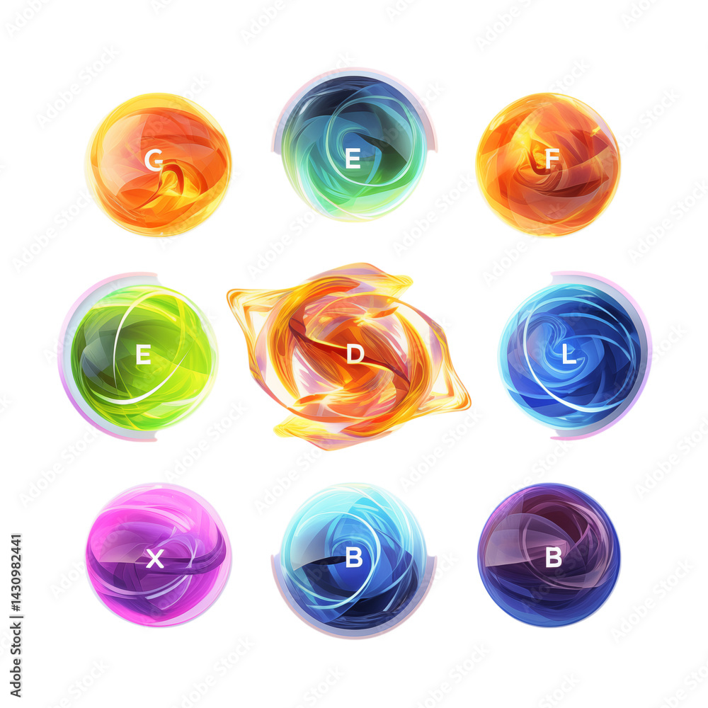 Poster nine colorful orbs with letters inside arranged on a transparent background in a three by three grid