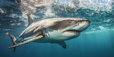 Fototapeta premium A close-up shot of a shark in open water, its powerful body cutting through the ocean