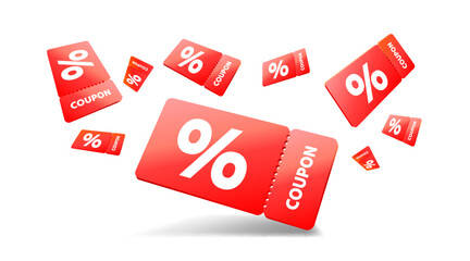Red coupons with percentage fly away on white background. Vector illustration