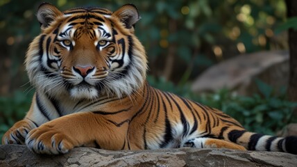 Obraz premium Majestic tiger resting on rock, jungle backdrop, wildlife conservation