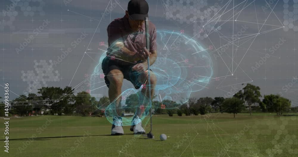 Poster male golfer crouching on green aligning ball while showing hologram brain and digital grid for tech