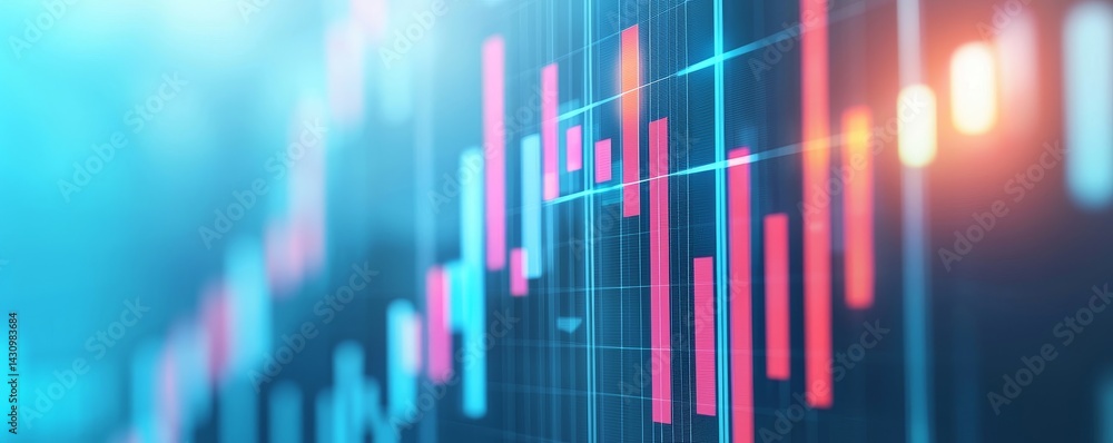 Poster abstract financial graph with colorful bars on a digital background.