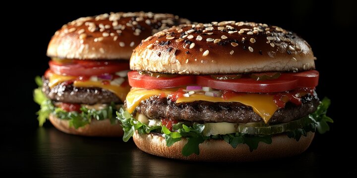 Juicy burgers with fresh toppings served on sesame seed buns in a dark setting