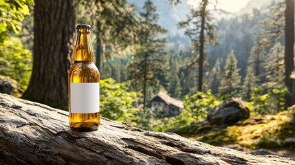 Golden refreshment: An amber bottle with a blank label amidst tranquil forest