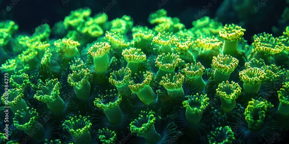 Poster a coral reef teeming with thousands of tiny, glowing coral polyps, creating a mesmerizing pattern