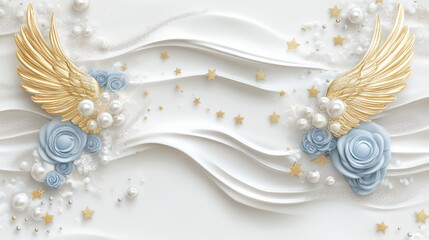 Elegant, 3D, decorative, light blue, rose, golden, wings, background. Wallpaper