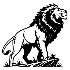 Black and white vector image of a lion standing on its hind legs, showcasing its powerful stance and majestic features.
