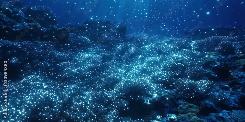 Poster a coral reef teeming with thousands of tiny, glowing coral polyps, creating a mesmerizing pattern