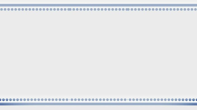 The effect of appearing and enlarging and shrinking and disappearing a horizontal, perpendicular long frame with blue decorations on a white background. Space for your own content.