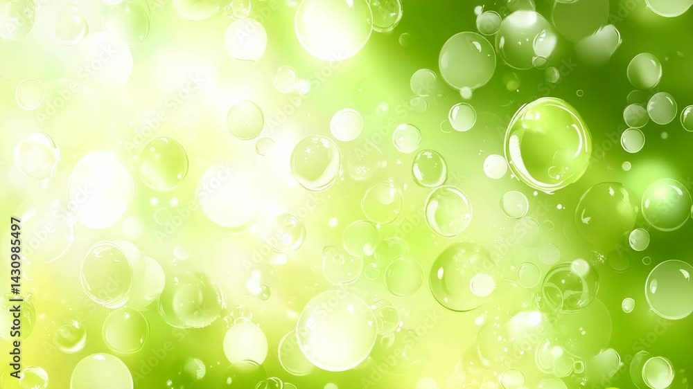 Poster abstract shimmering background with soft green hues and floating transparent bubbles creating a ligh