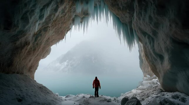 A person in a red jacket stands at the entrance of an icy cave, overlooking a foggy mountainous landscape.