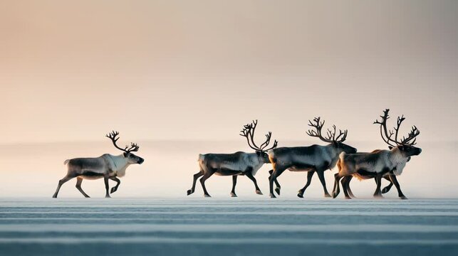 A herd of reindeer with large antlers runs across a snowy landscape at sunrise.